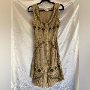 Vintage Brown Sleeveless Knee Length Dress w/Embroidery, sz S by First Time